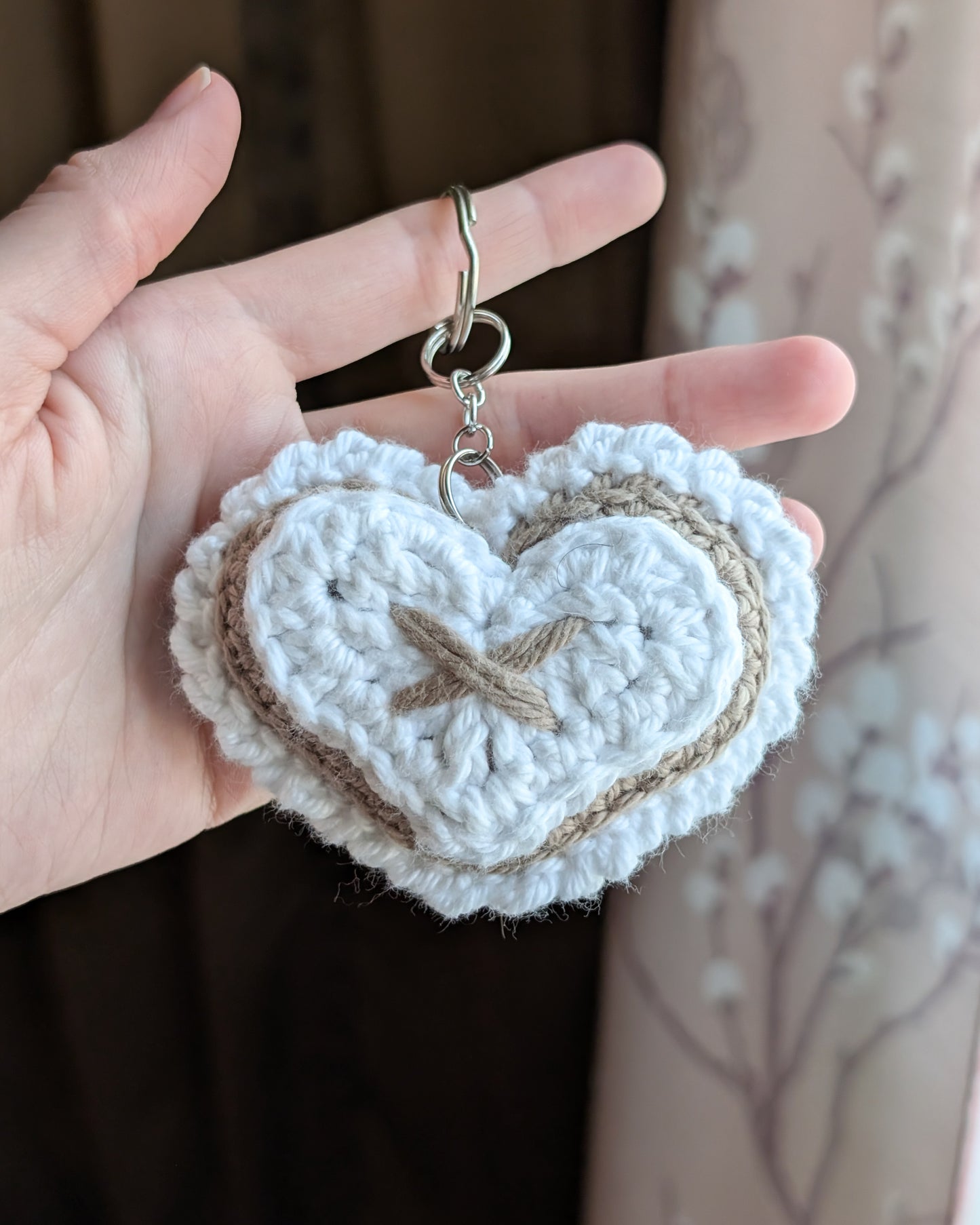 Ruffle Heart Keychain (Light Brown and White)