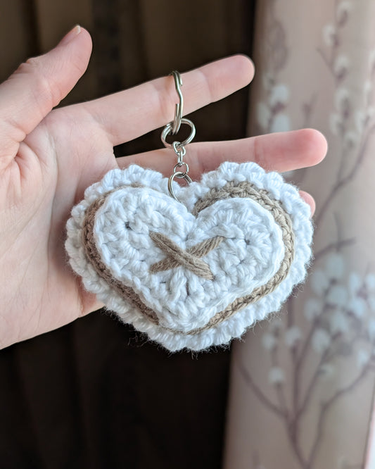 Ruffle Heart Keychain (Light Brown and White)