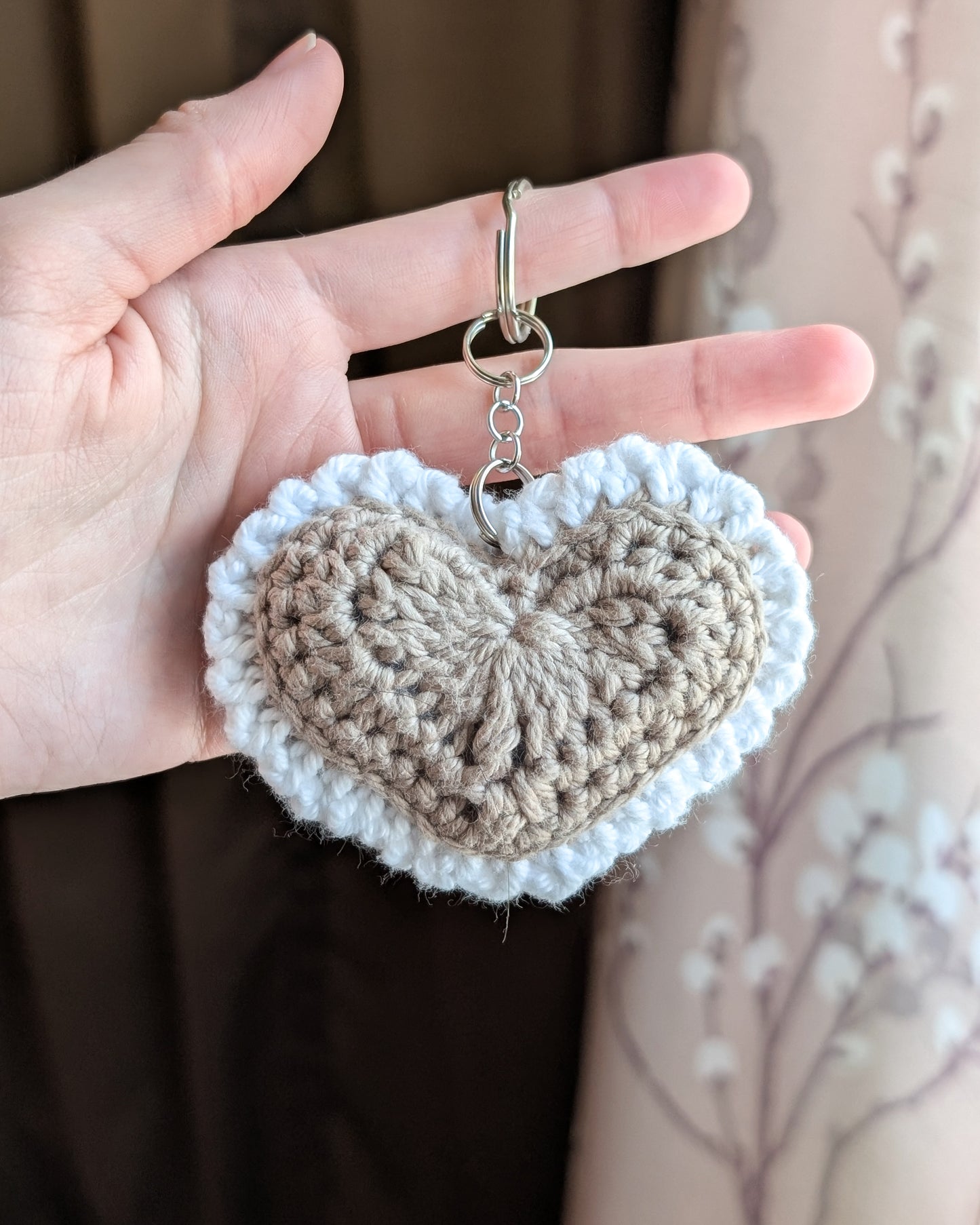 Ruffle Heart Keychain (Light Brown and White)