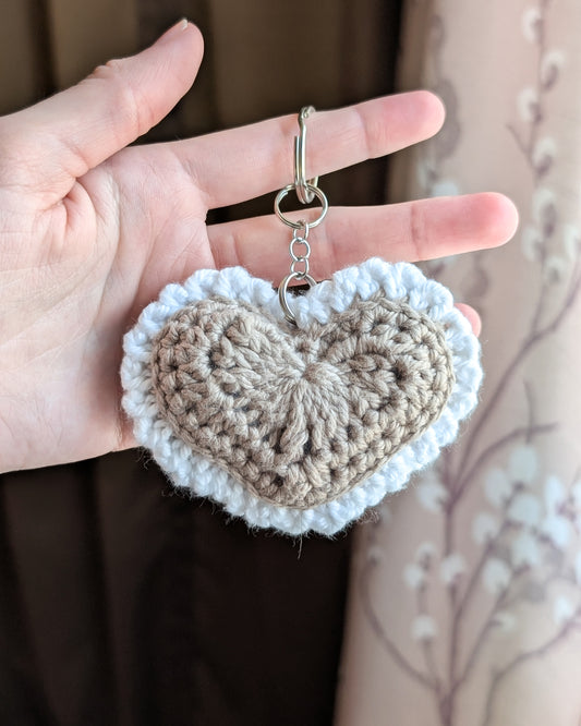 Ruffle Heart Keychain (Light Brown and White)